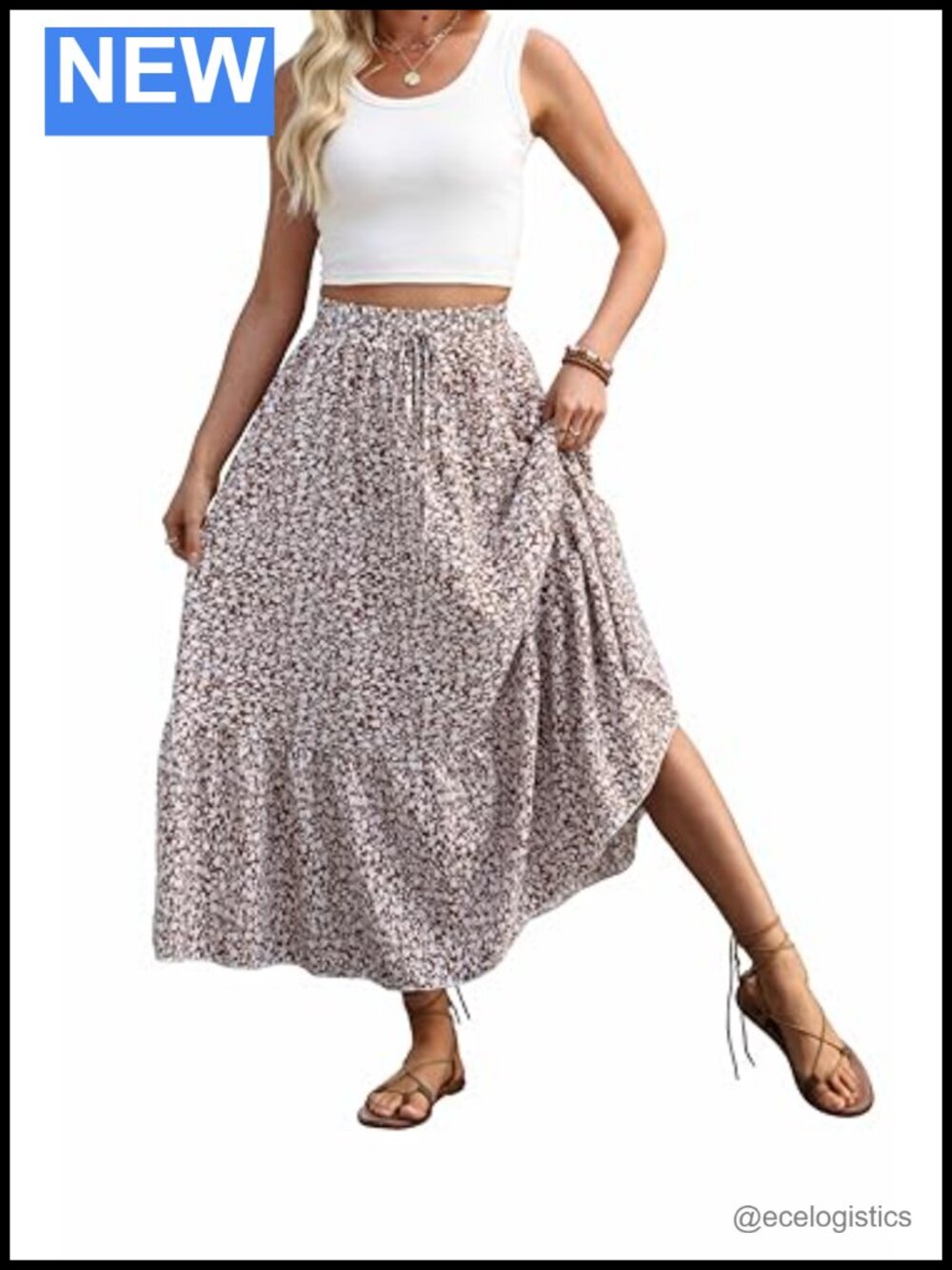 High Waisted Floral Midi Skirt Flowy Ruffle Tiered A-Line Summer Casual
